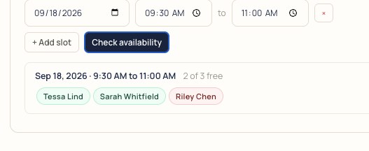 Availability check for September 18, 9:30 to 11:00 AM: two of three interpreters free
